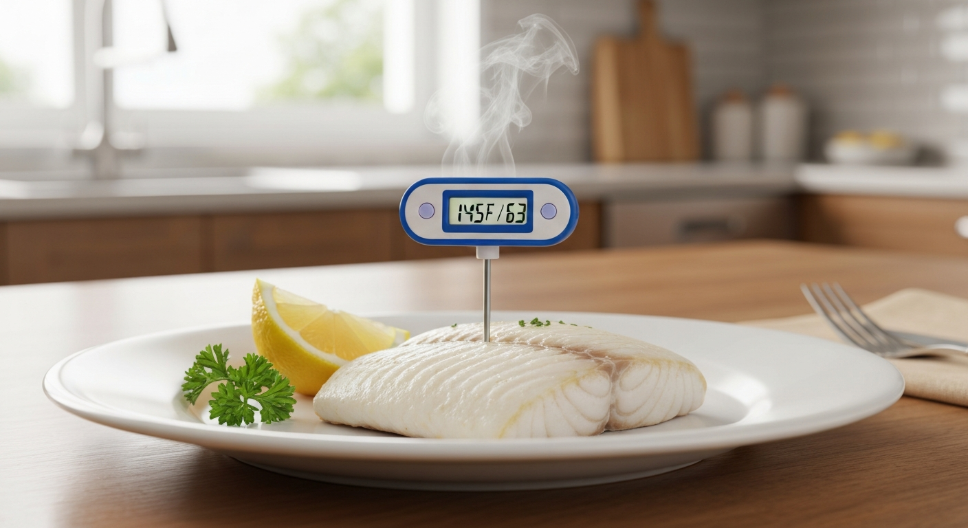 Cooked fish fillet on a white plate with an instant-read thermometer showing 145°F, on a clean kitchen countertop.