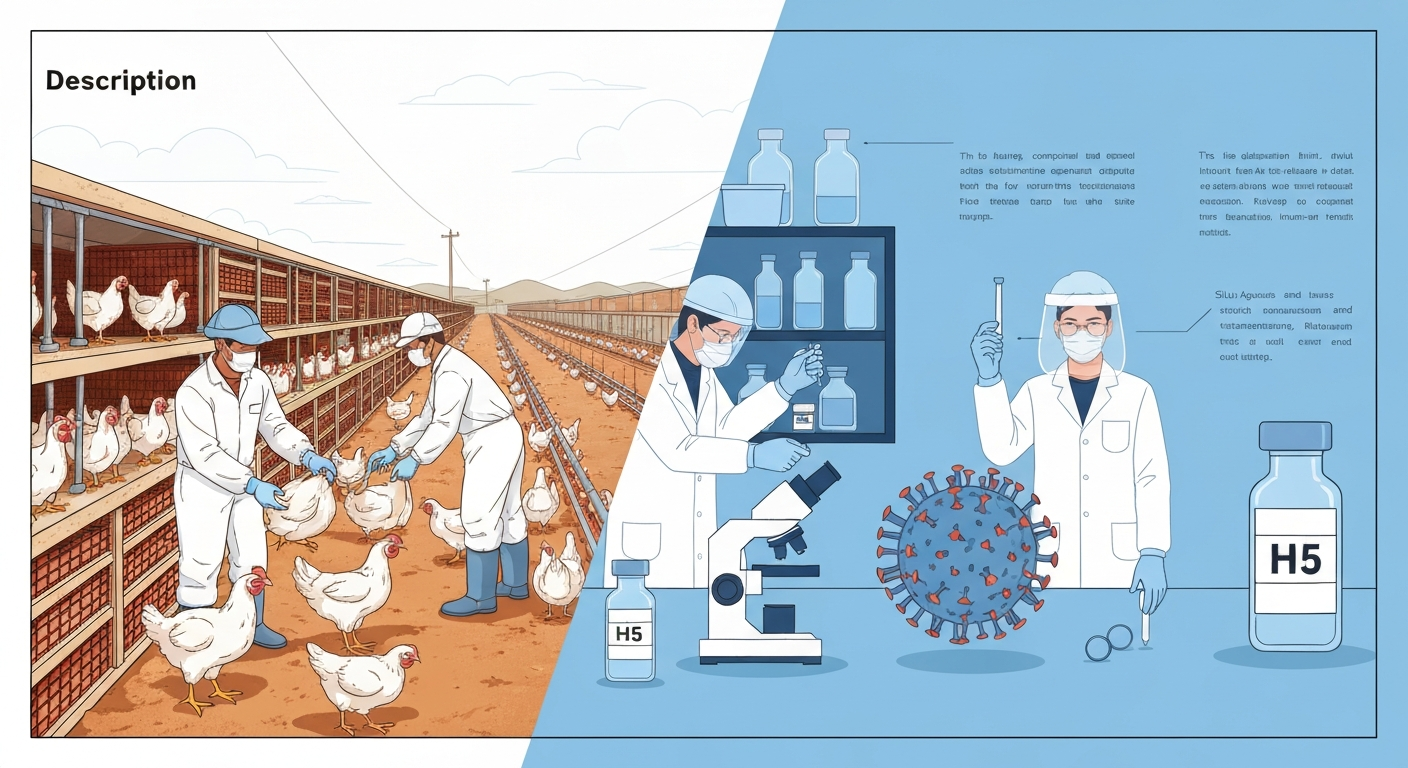 Composite illustration: 1990s poultry vaccination campaign on left and modern lab with influenza vaccine imagery on right, representing the history and science of bird flu vaccines.