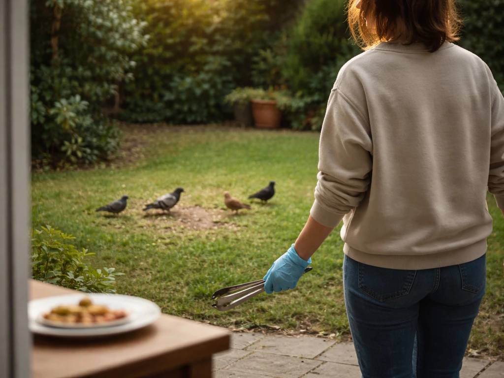 Person stepping back from wild birds outdoors while a plate is blurred indoors, emphasizing avoiding bird contact.