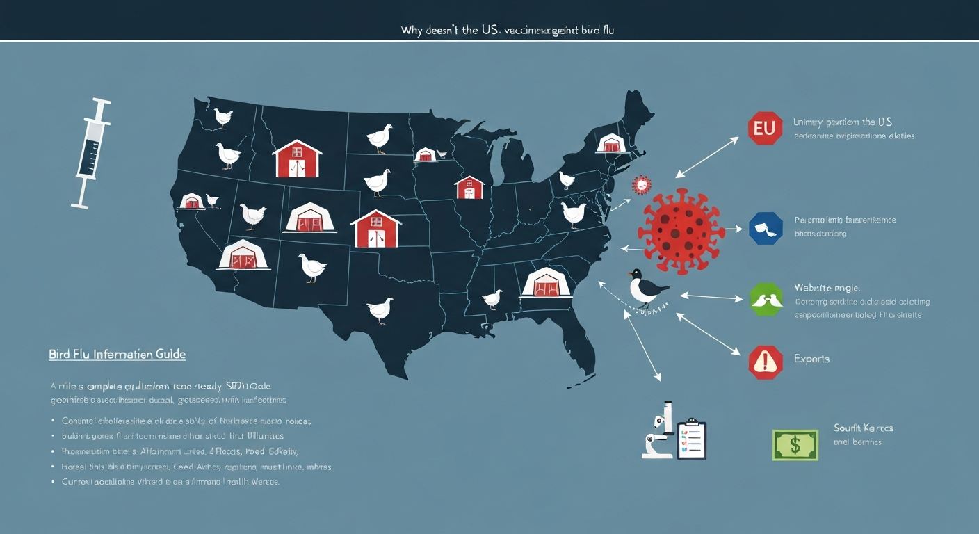 Infographic-style map of the U.S. poultry industry with virus icon, trade route arrows to export markets, and icons for vaccination, surveillance, logistics, and economic impact.