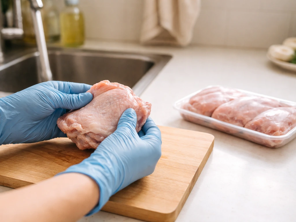 Gloved hands handling raw chicken on a kitchen counter next to a sealed frozen poultry package.