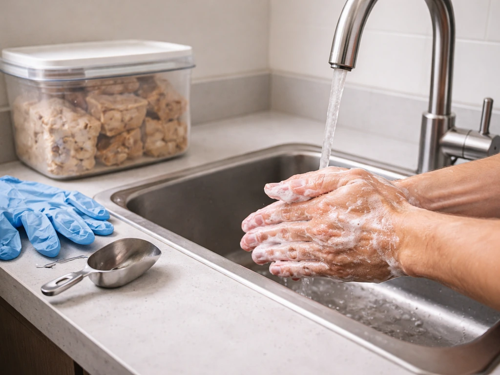 Person washing hands at a sink, then preparing and sealing freeze-dried food safely with clean utensils.