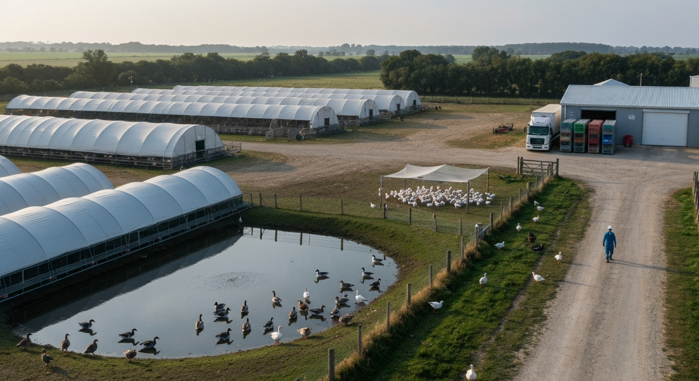 Aerial view of a poultry farm with wild waterfowl by a pond, transport crates, and biosecure poultry houses.