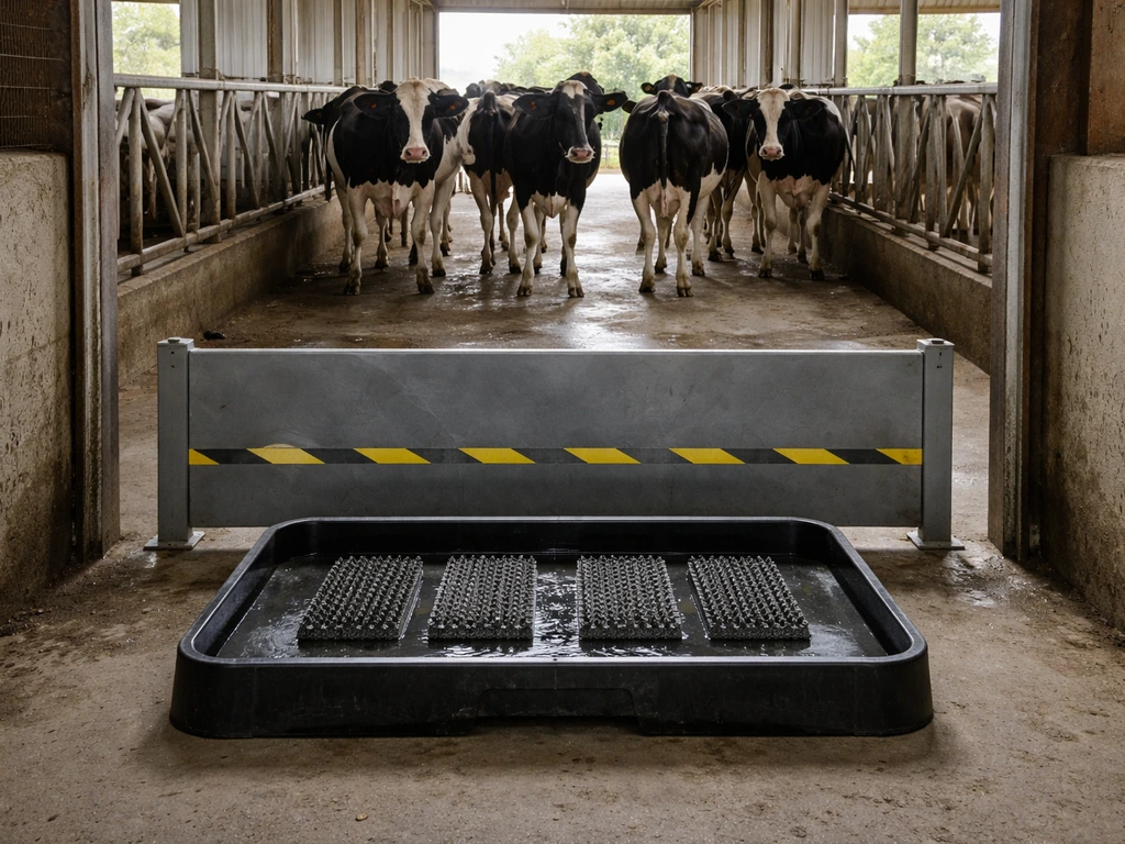 Dairy farm dairy cows near a simple biosecurity barrier and boot-wash station in natural daylight