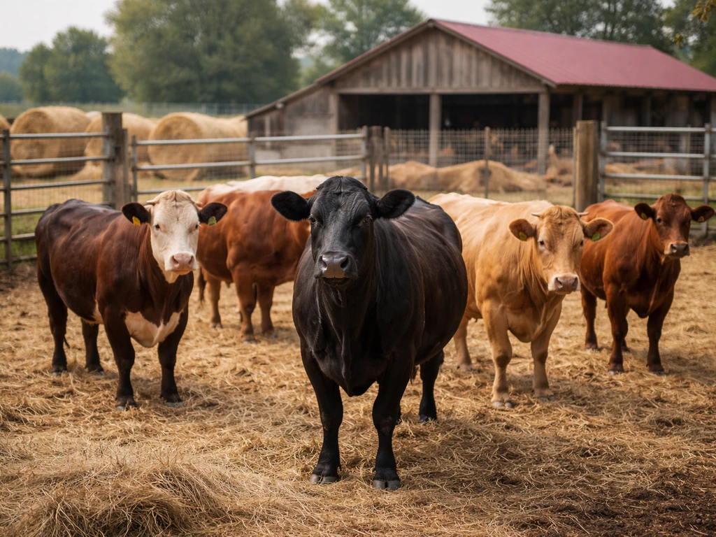 Cattle in a simple farm pen with nearby poultry barn entrance, suggesting bird flu risk to livestock.