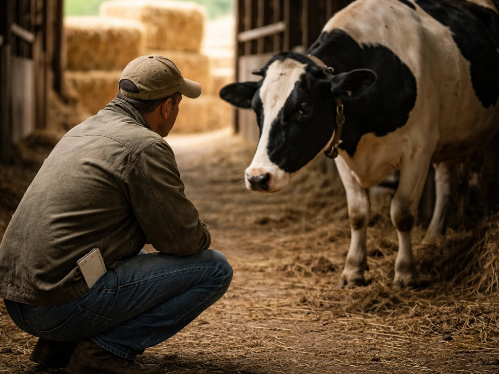 Farmer checking a cow’s breathing and alertness in a clean barn aisle.