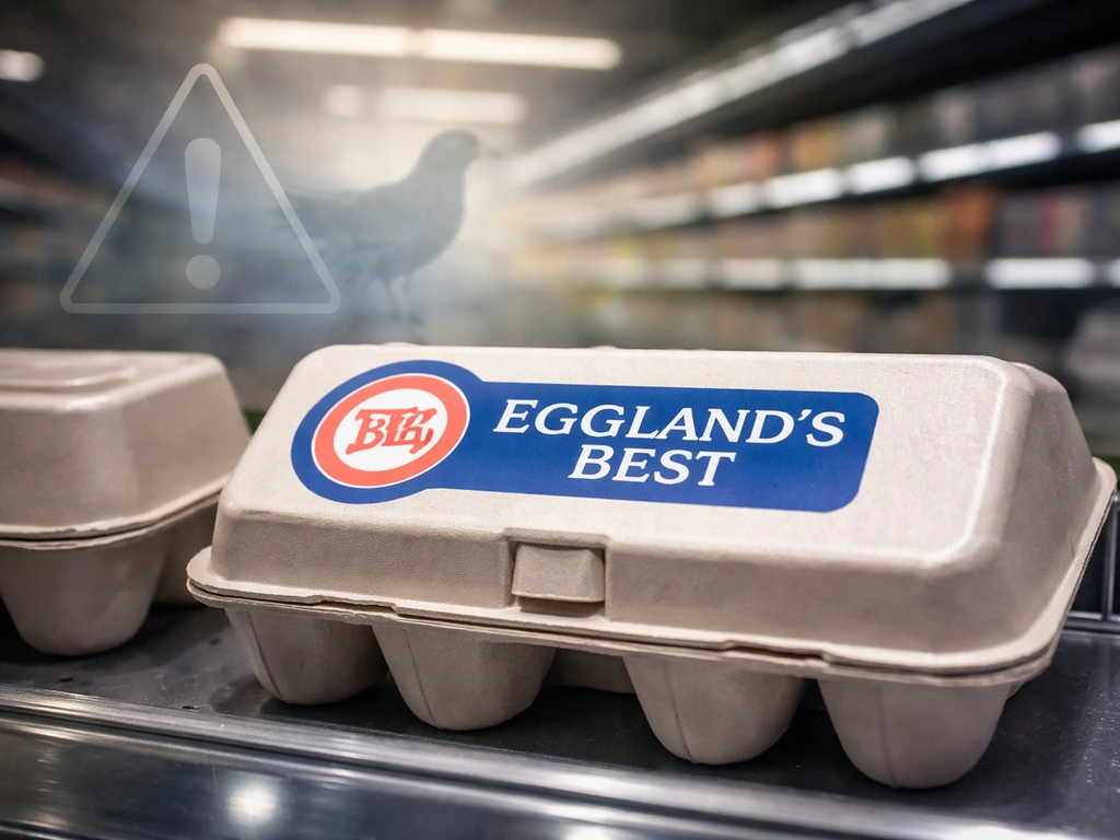 Close-up of an Eggland’s Best egg carton in a grocery fridge with a subtle bird-flu warning motif overlay.