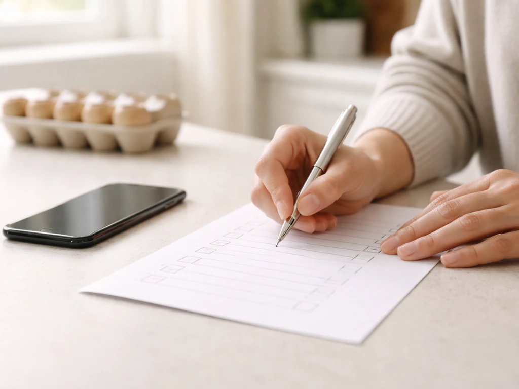 Anonymous hands reviewing a blank food-safety checklist with a phone nearby and eggs in soft focus.
