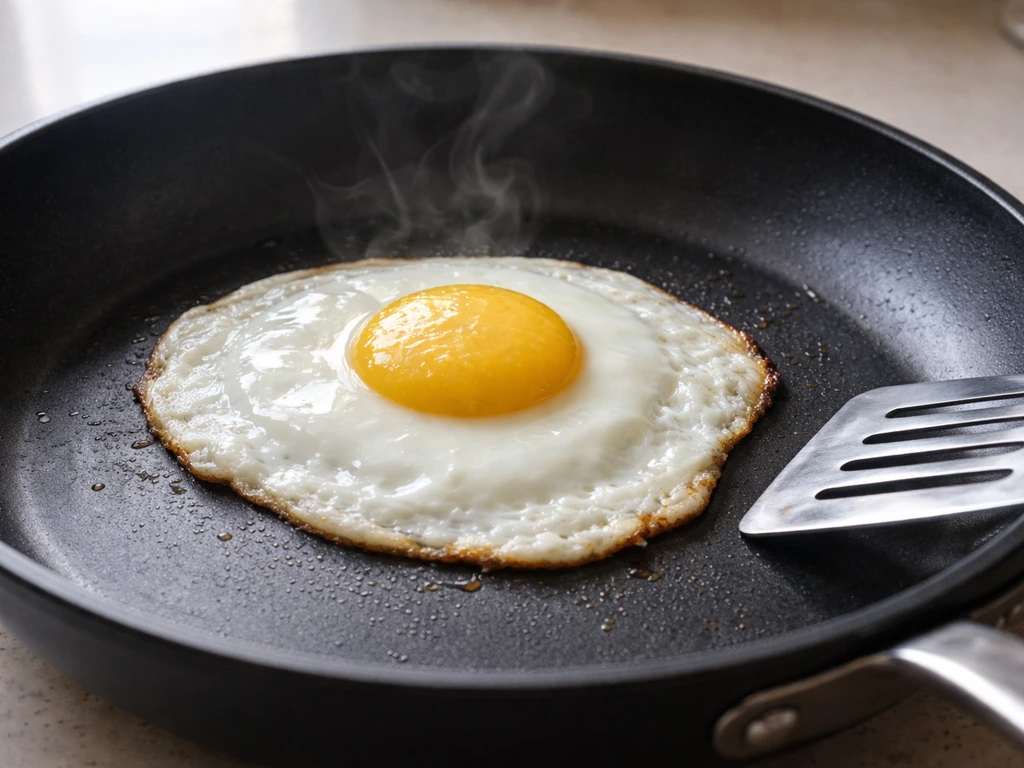 Firmly cooked sunny-side egg in a clean skillet with the yolk set, steaming gently under natural light.