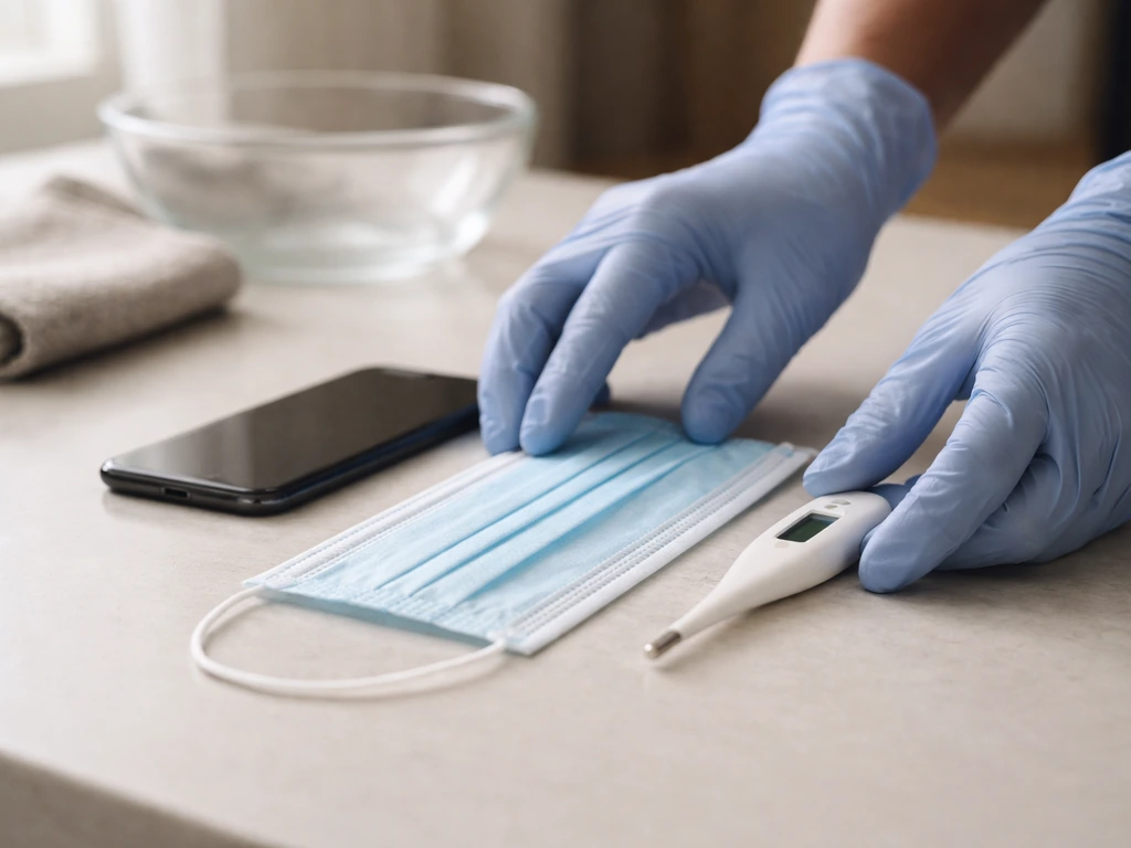 Home kitchen counter with gloves, mask, thermometer, and a phone showing a generic health hotline call