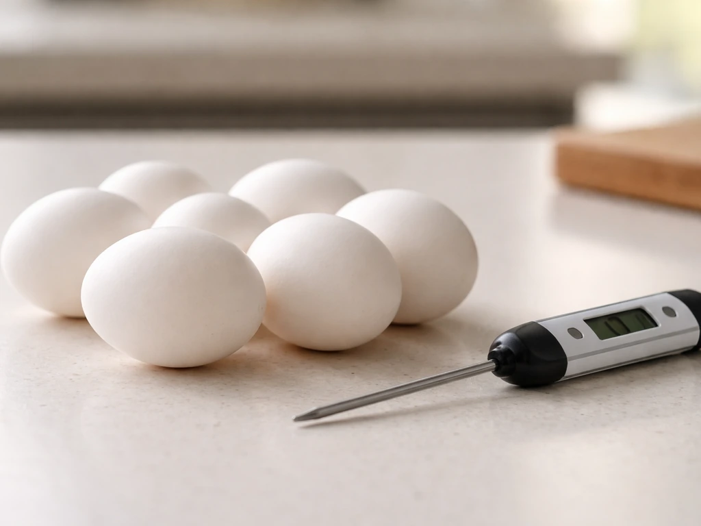 Close-up of several plain eggs on a kitchen counter with a thermometer nearby, suggesting cooking control
