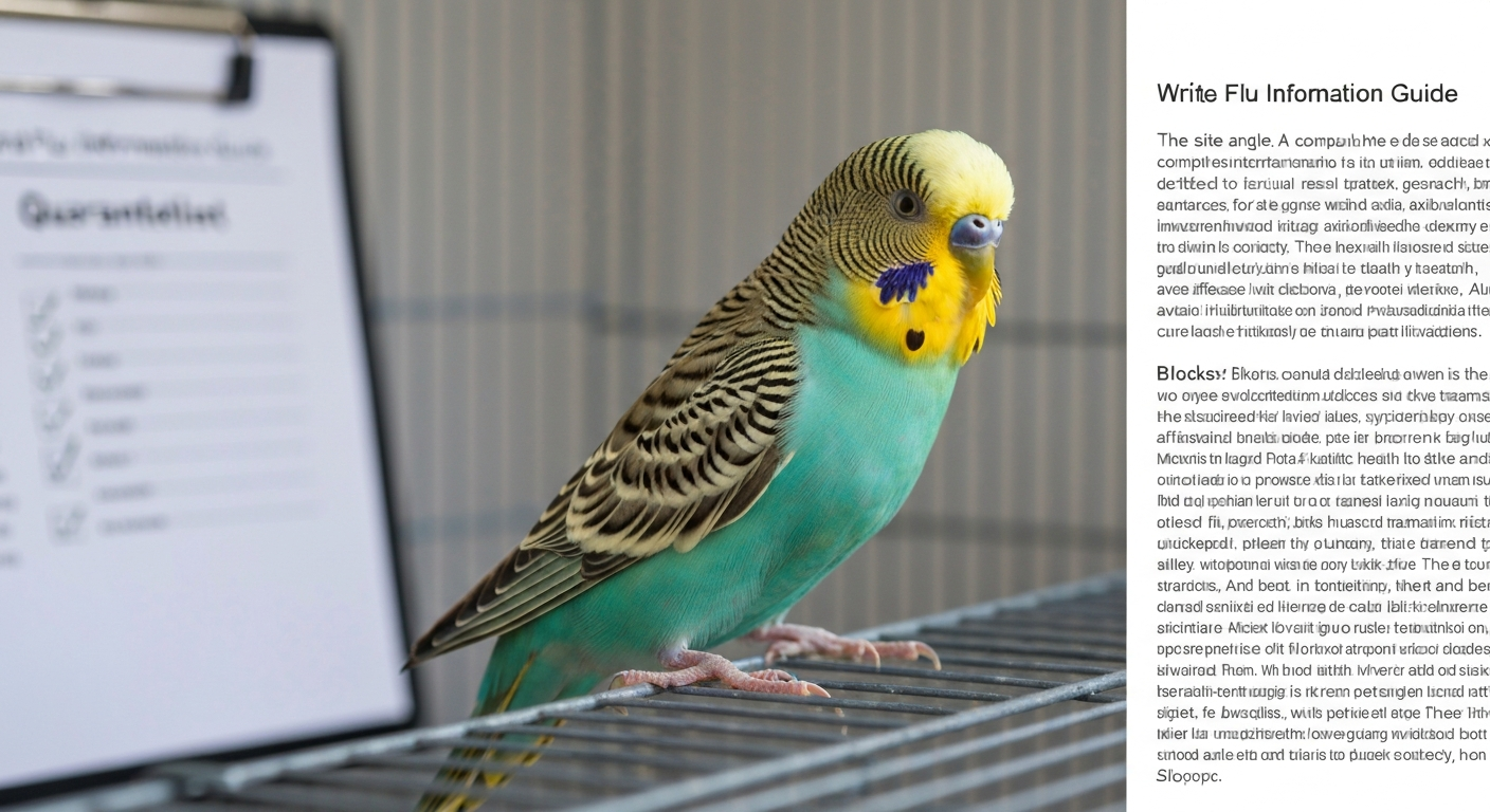 Healthy budgie in a clean indoor cage with a clipboard checklist visible nearby.