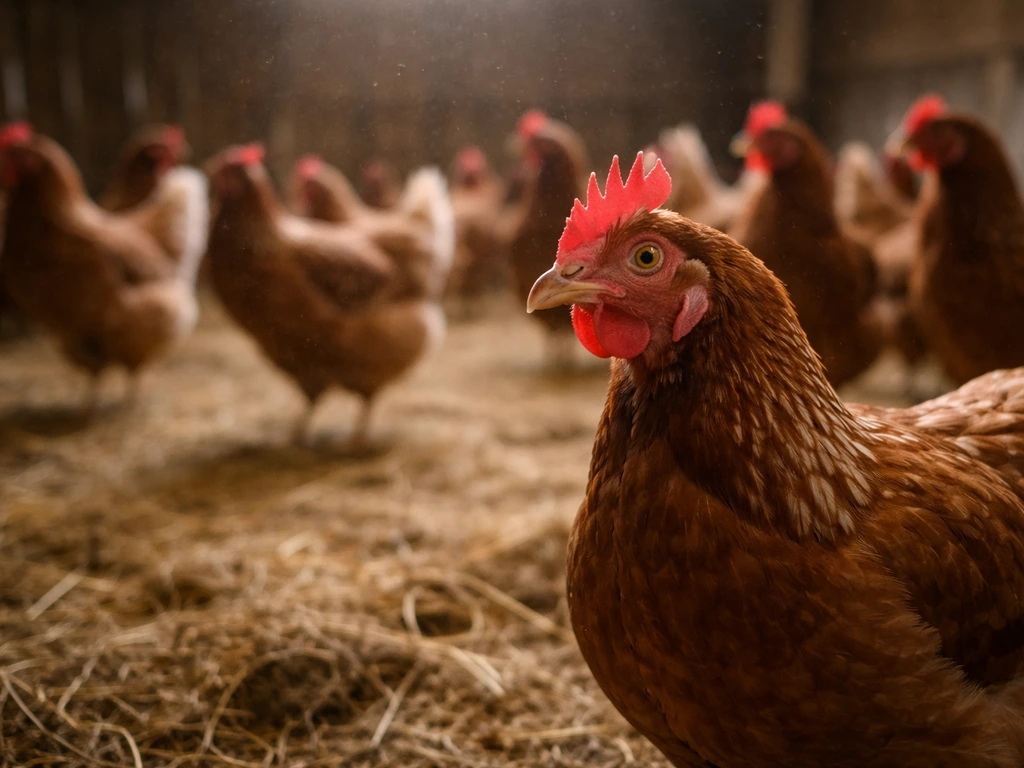 Close-up of chickens in a barn interior with straw bedding and softly blurred flock behind.