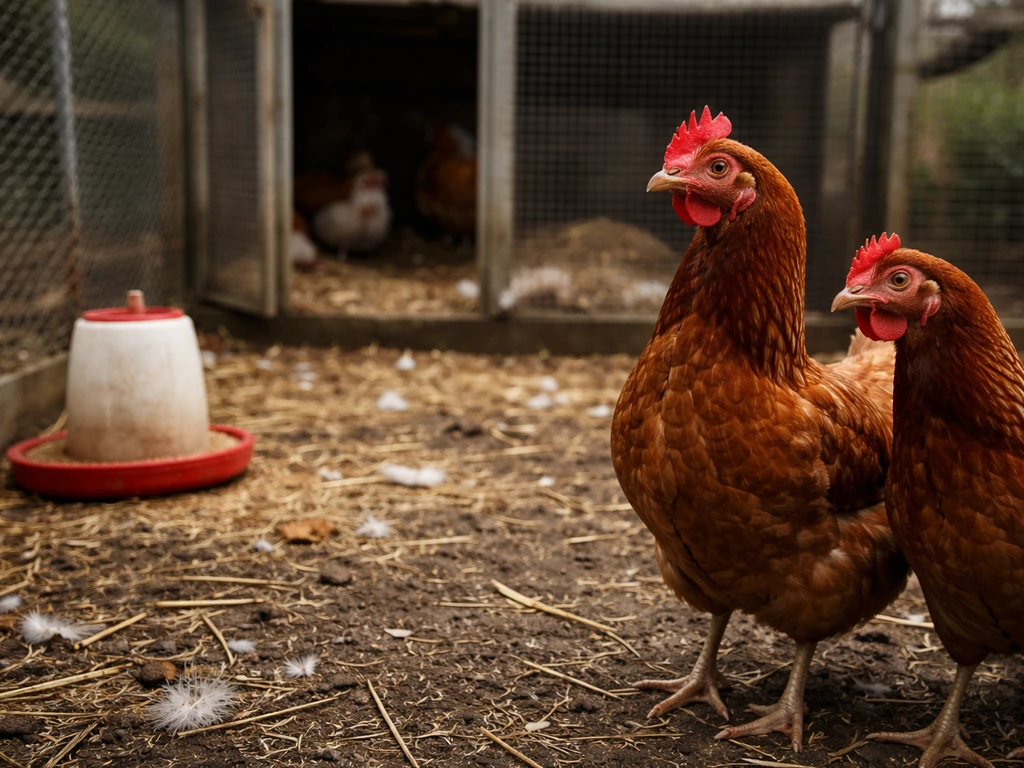 Chickens in a quiet coop with scattered straw, suggesting abnormal signs that prompt flock testing