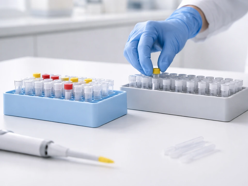Gloved hands place sealed sample tubes into two separated lab racks indicating screening then confirmation.