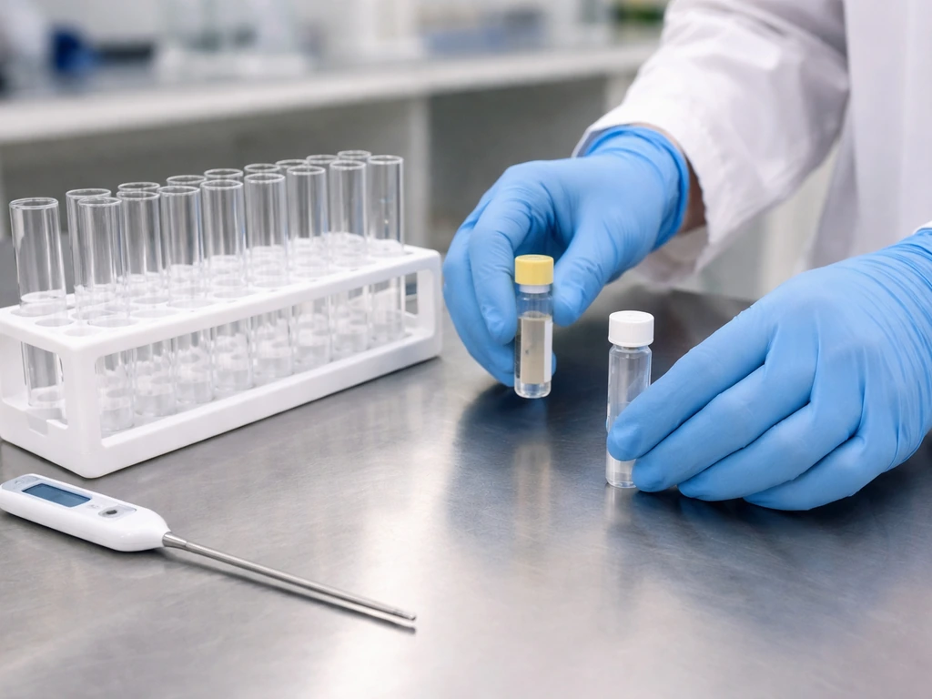 Gloved hands in a clean lab workstation preparing sealed vials for confirmatory testing.
