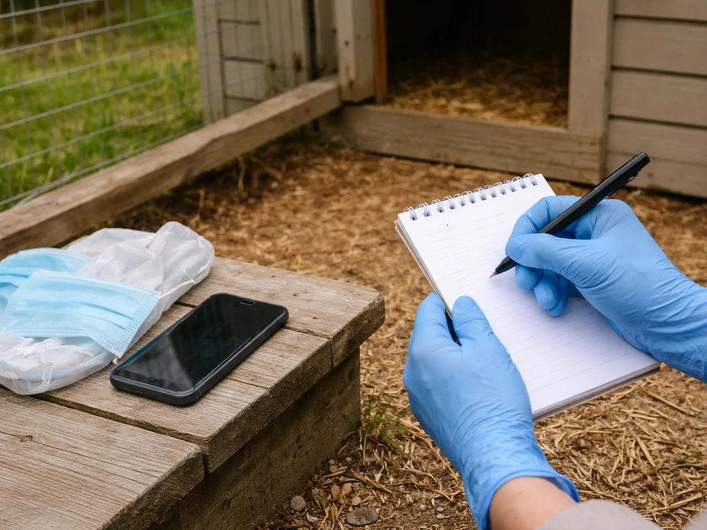 Gloved hands holding a notepad beside a chicken coop entrance with a phone and PPE items