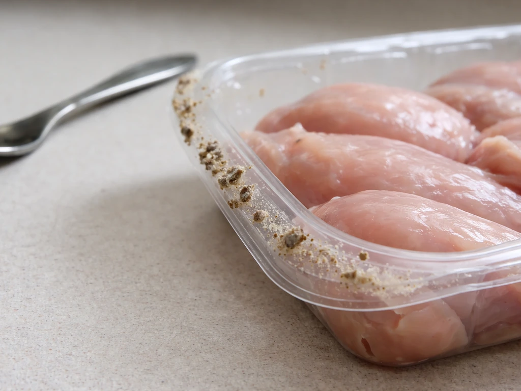 Close-up of a packaged raw poultry ingredient on a kitchen counter with faint contamination near the edge
