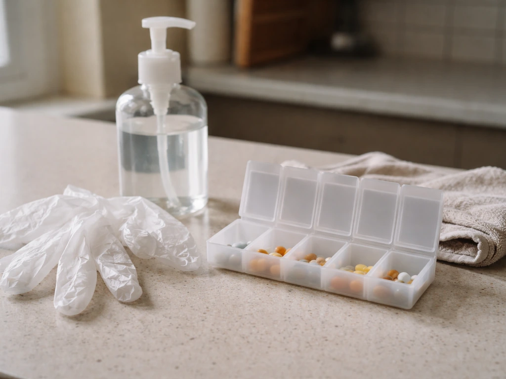 Medication pill organizer beside pet-food gloves and hand soap on a kitchen counter, conveying extra caution.