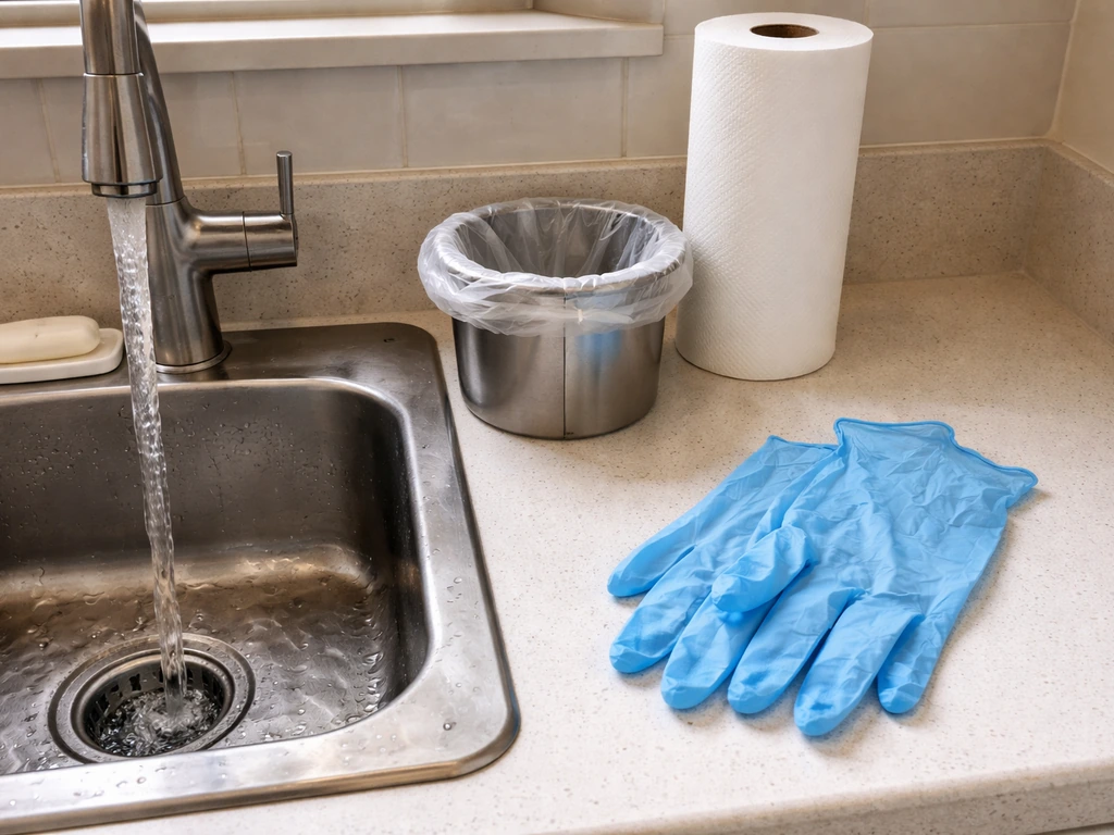 Gloves, paper towels, sealed waste bag, and soap by a sink showing safe cleanup after poultry pet food.