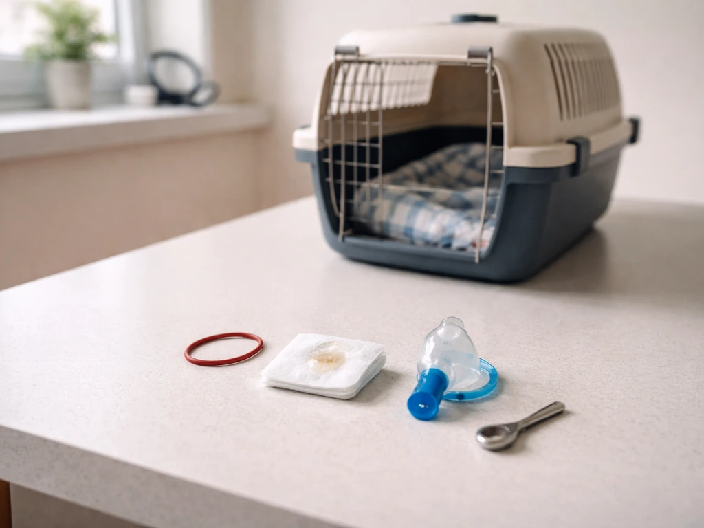 Vet exam room with an empty pet carrier and small symptom cue items representing red flags.