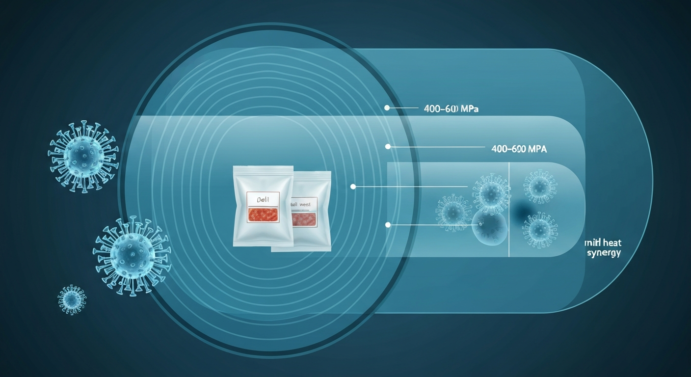 Cutaway infographic of an HPP vessel with packaged food under high hydrostatic pressure; virus icons show intact virions outside and deformed virions after pressure treatment; labels note 400–600 MPa and 1–5 min.