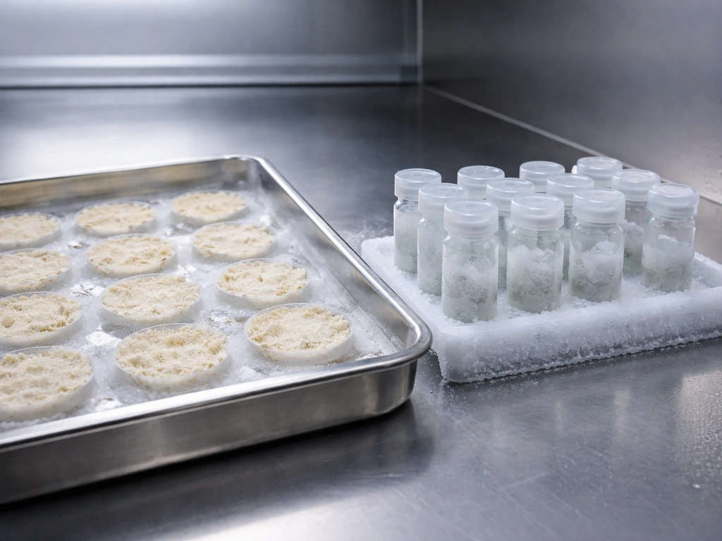 Minimal lab scene showing a lyophilization tray of porous dried samples beside ice-covered sample vials.