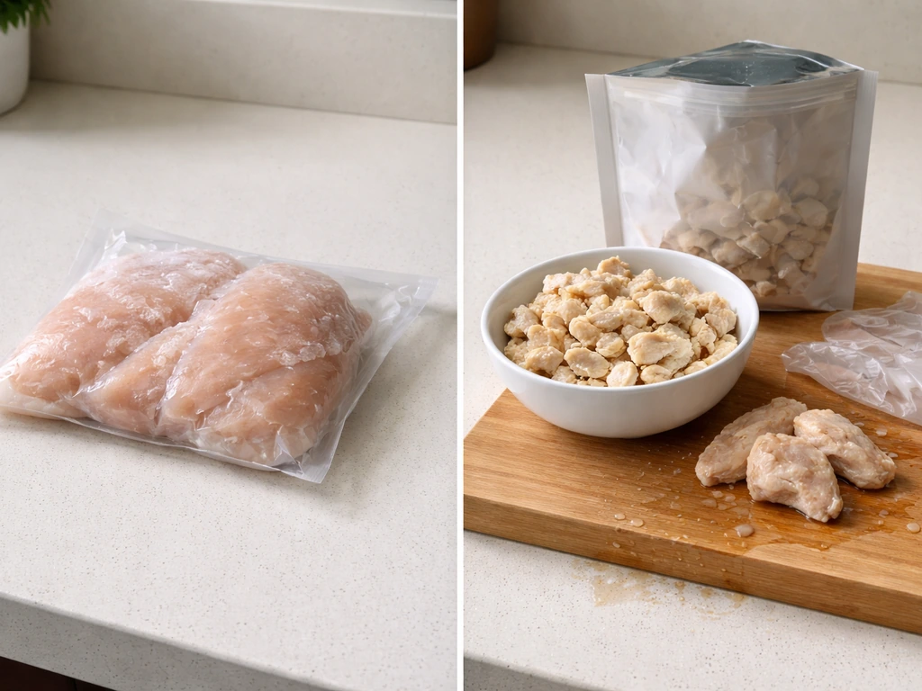 Frozen chicken package beside a bowl of reconstituted freeze-dried chicken and thawed pieces on a cutting board.