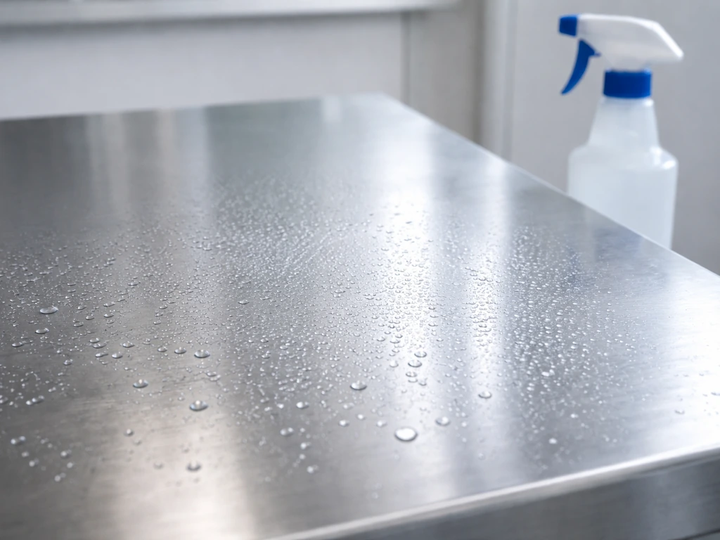 Hypochlorous-acid disinfectant mist wetting a stainless steel surface in a clean utility/lab setting.