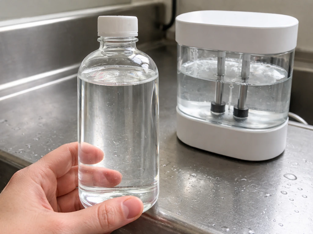 Clear hypochlorous acid disinfectant bottle beside a small countertop electrolysis device in a clean sink area.
