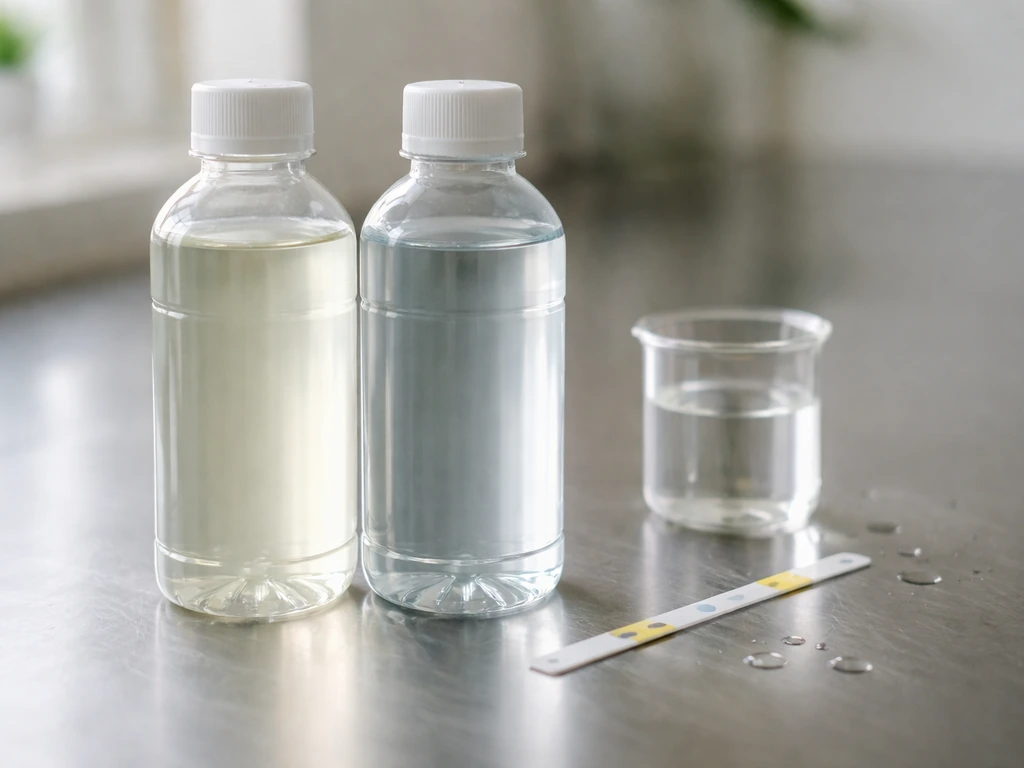 Minimal tabletop scene with two unlabeled chlorine solutions and a color strip beside a wet metal surface.