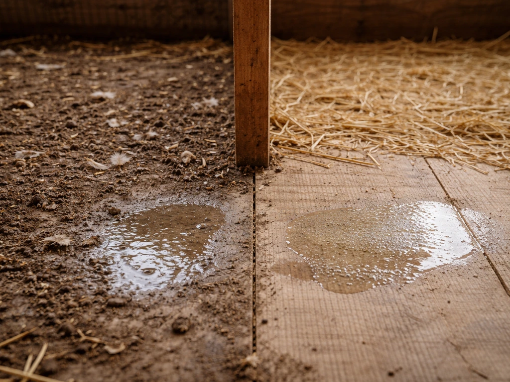 Split farm floor showing dirty organic matter on one side and a cleaner, clearer disinfected surface on the other.