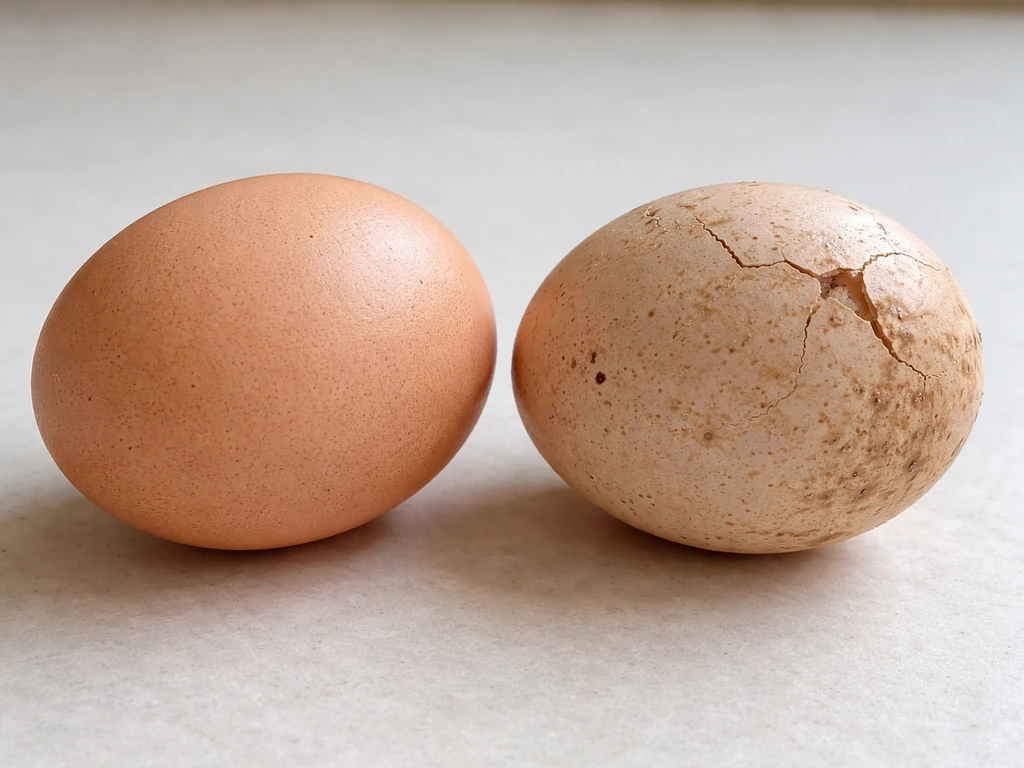 Two chicken eggs side-by-side: one intact, one cracked and misshapen with a dirty shell.