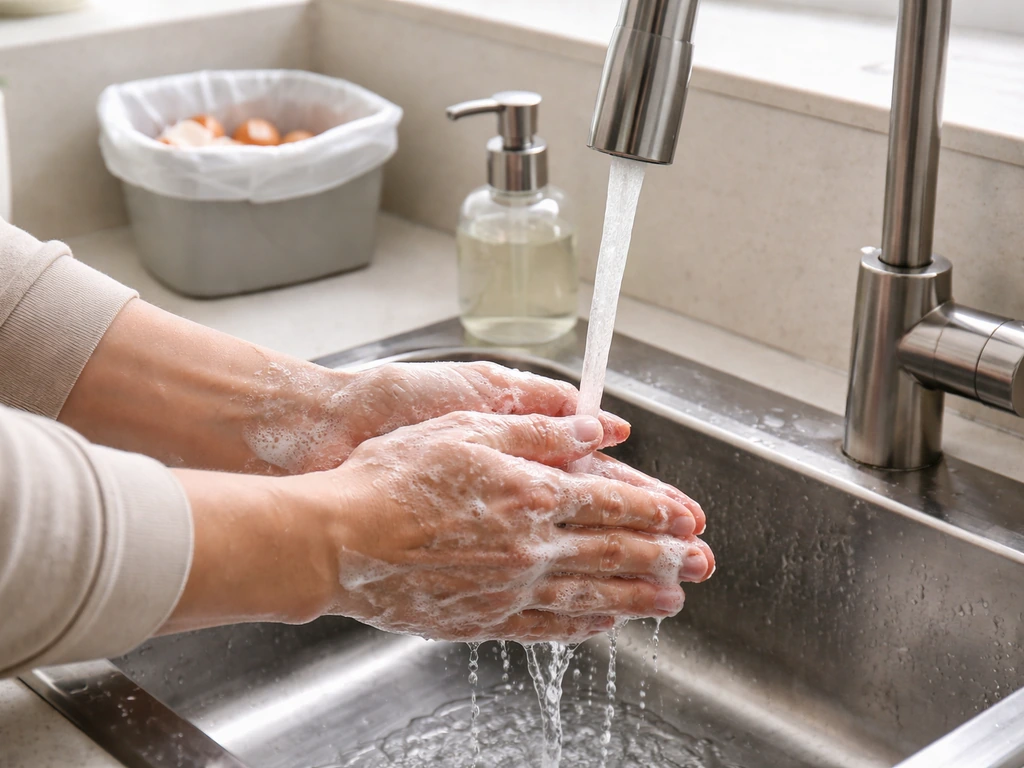 Person washing hands at a kitchen sink after discarding raw egg shells into a lined bin.
