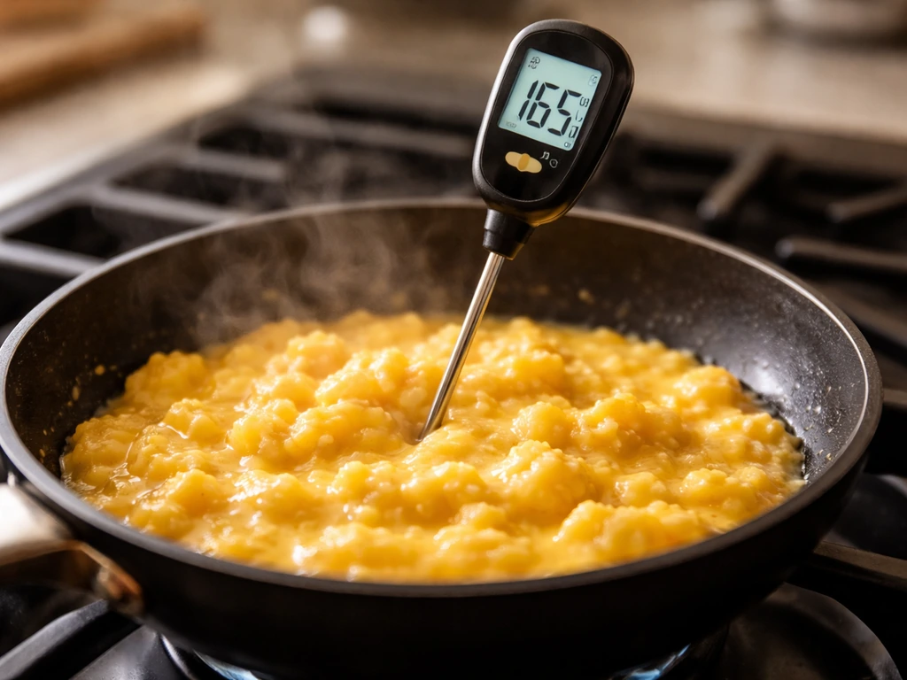 Instant-read thermometer placed in steaming scrambled eggs in a frying pan, aiming for 165°F/74°C.