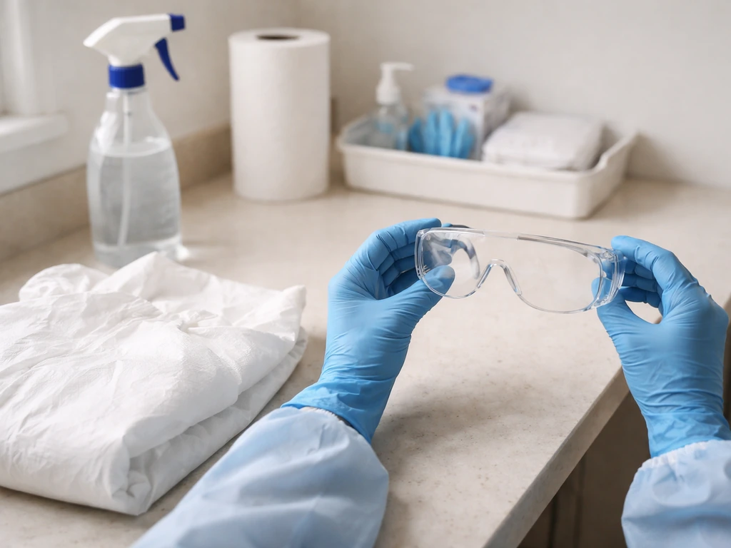 Gloved hands adjusting clear safety goggles beside disposable gown and PPE on a prepared disinfection area.
