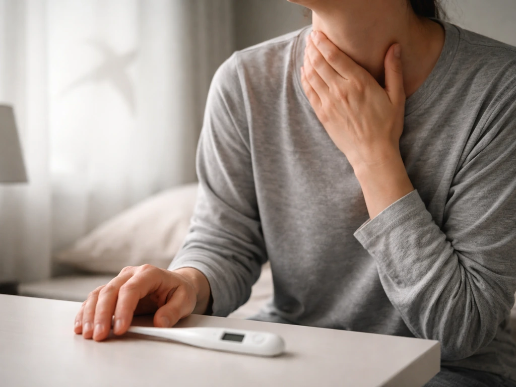 Anonymous person clutching throat in discomfort, thermometer nearby, faint blurred bird silhouette in background.
