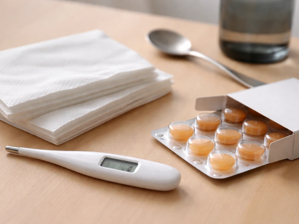 Unbranded thermometer near tissues and throat lozenges, suggesting abrupt high fever with sore throat and cough.
