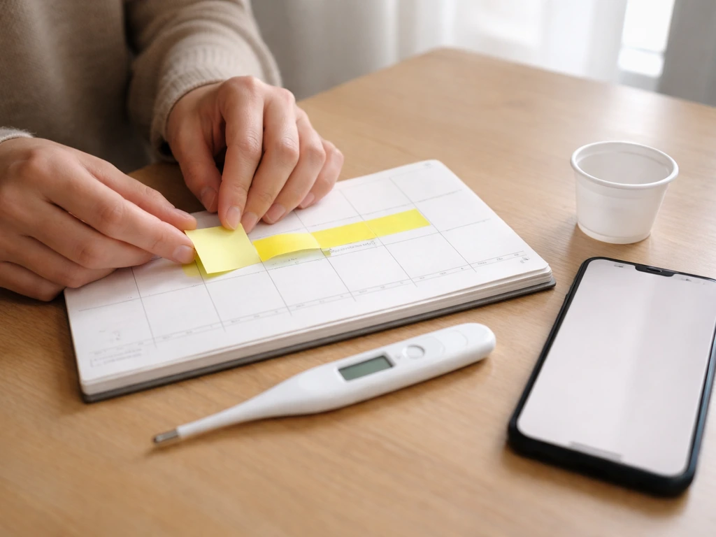 Minimal table setup with a calendar and thermometer after animal exposure, showing a highlighted symptom window.