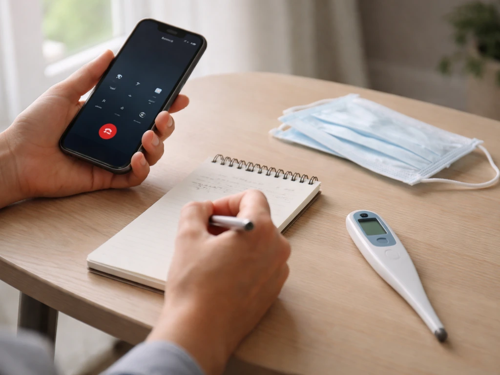 Hands preparing for urgent care triage—phone call and notepad notes with thermometer on a small table.