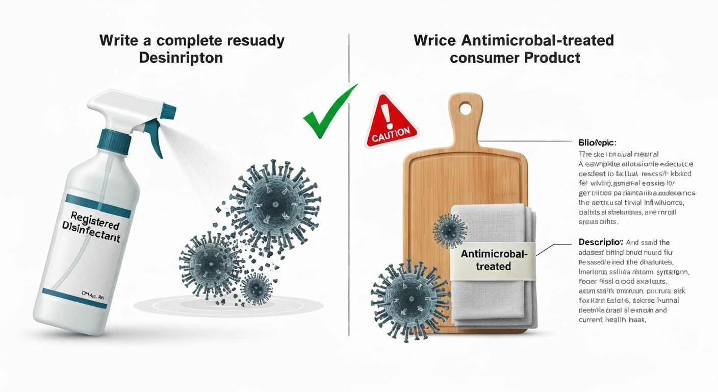 Split infographic showing an EPA-registered disinfectant destroying influenza A virions on a surface (left) while an antimicrobial-treated consumer product leaves virions intact (right).