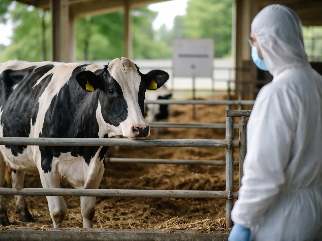 A veterinarian in protective gear monitors a dairy cow in a fenced farm pen for possible bird flu.