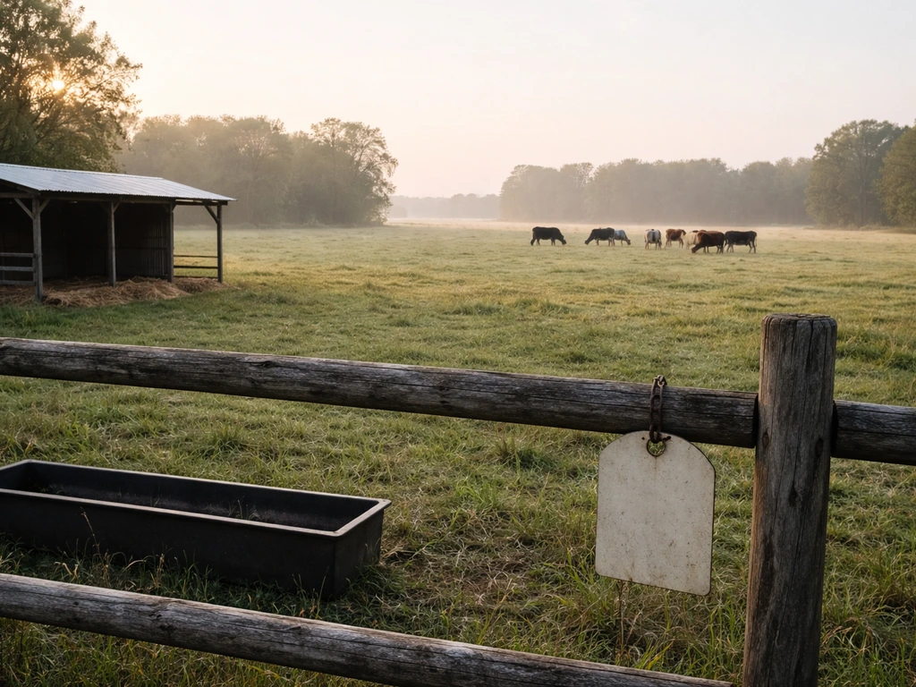 Cows grazing in a quiet pasture with a fence and livestock shelter, suggesting missing mortality reporting.
