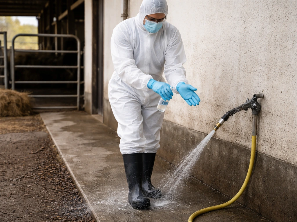 Farm worker in clean PPE disinfecting boots near a barn, practicing hand hygiene