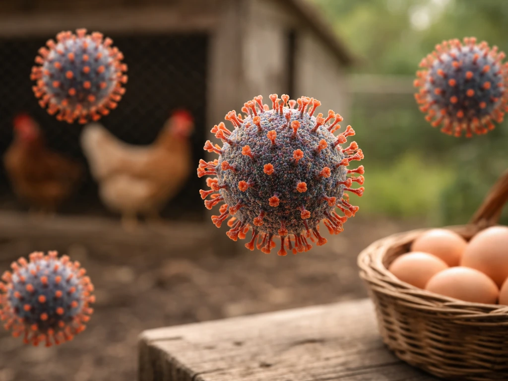 Spiky virus particles in foreground with softly blurred chickens and eggs on a wooden farm table.