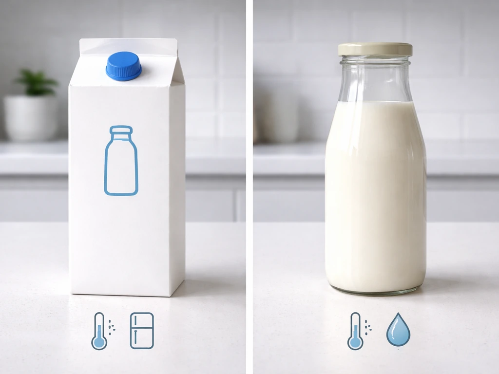Two-panel photo showing pasteurized milk as safer than raw milk, with simple storage cues