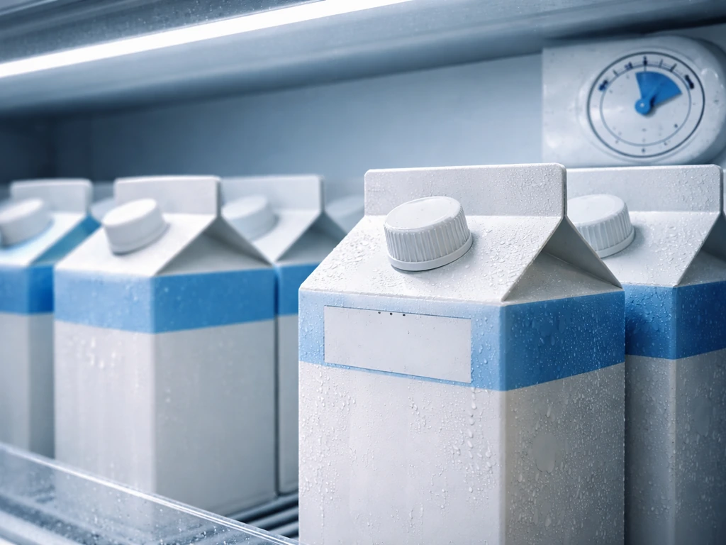 Carton of pasteurized milk beside a store refrigerator shelf with a cold, safe shopping cue.