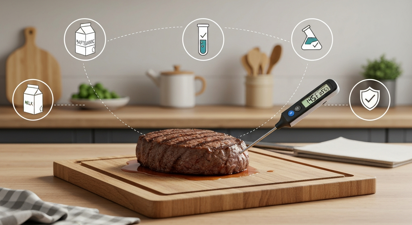 Cooked beef steak on a cutting board with a digital meat thermometer reading 145°F (63°C) and small icons for pasteurized milk, lab testing, and inspection shield showing layered food-safety protections.