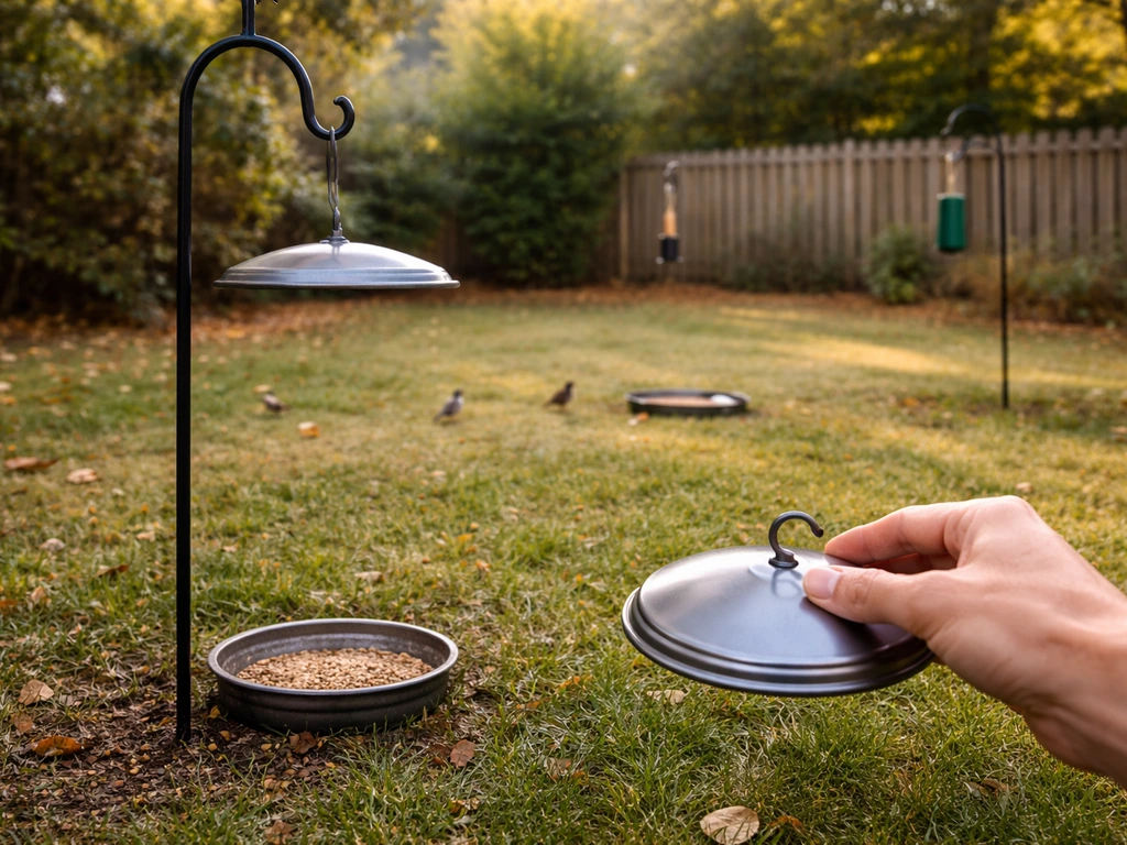 Backyard bird-feeding setup redesigned with spacing cues and a covered feeder, fewer birds spread out.