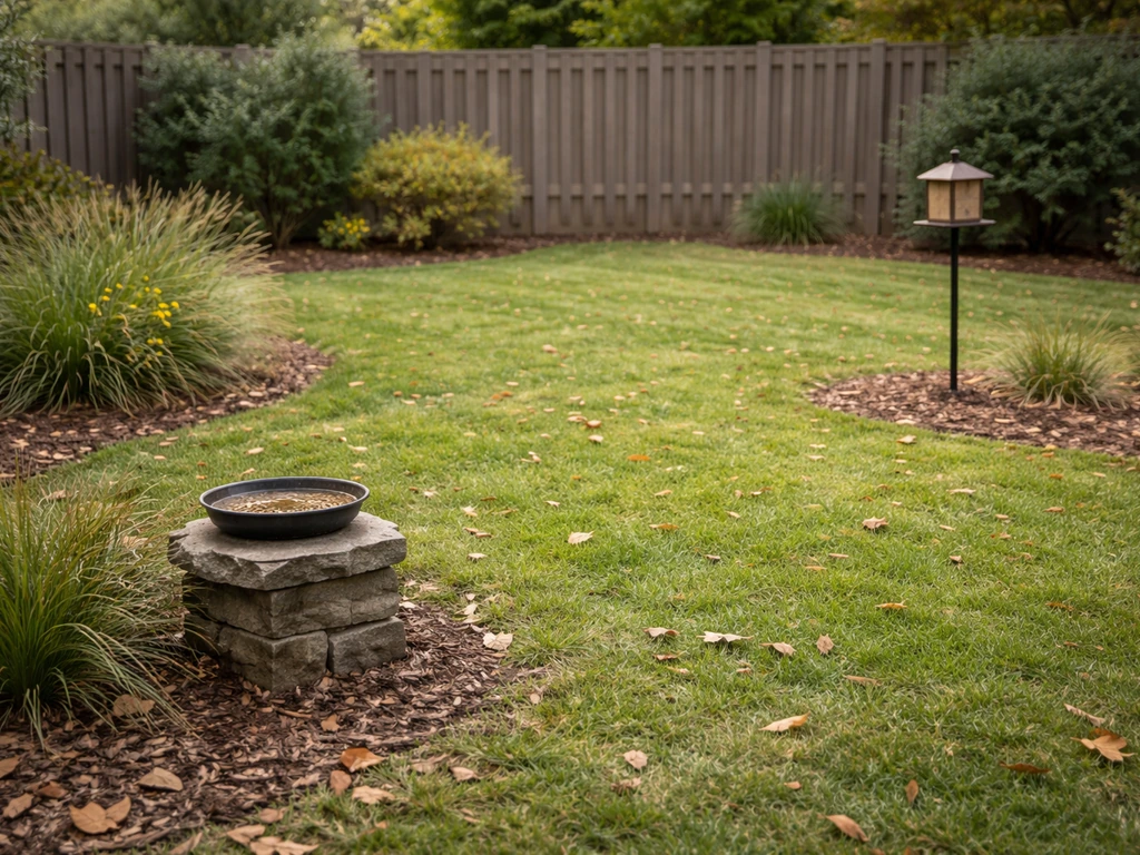 Backyard with two small bird feeding stations far apart, designed to reduce bird crowding.